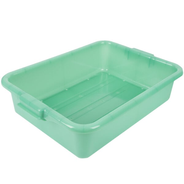 A Vollrath green plastic container with handles and holes.
