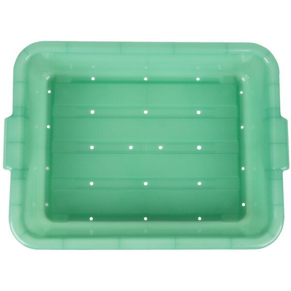 A green plastic Vollrath Traex Color-Mate perforated drain box.