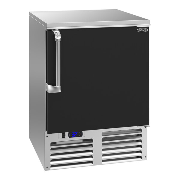 A black and silver Krowne undercounter freezer with the door open.