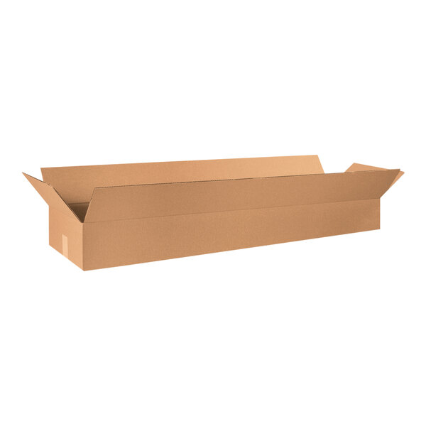A brown Lavex cardboard shipping box with a lid open.
