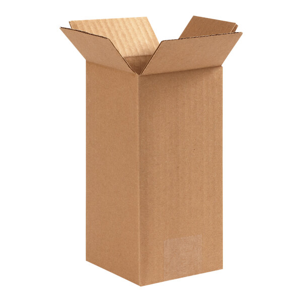 A brown Lavex cardboard shipping box with an open lid.