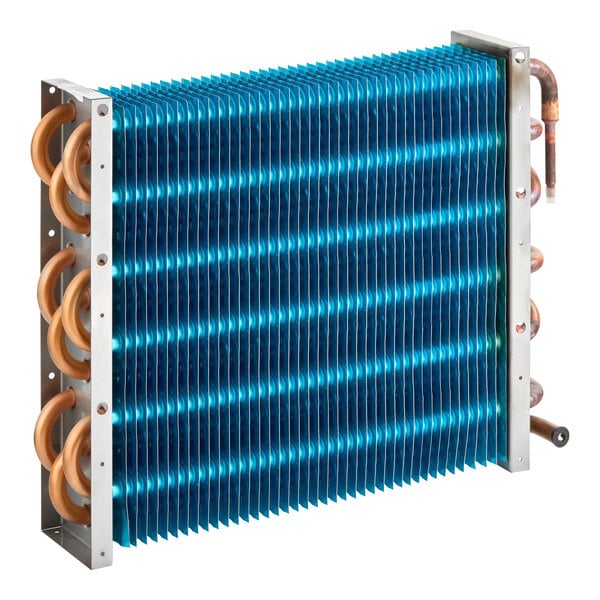 An evaporator coil for refrigeration units, featuring blue fins and copper tubing.