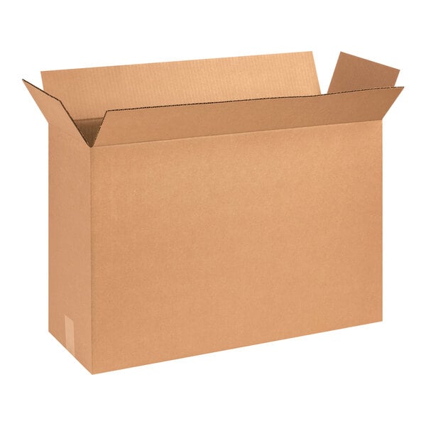 A brown Lavex cardboard shipping box with a lid open.