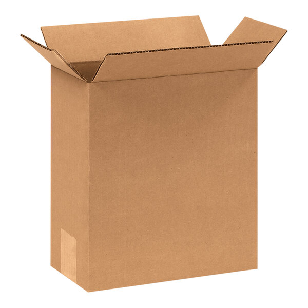 A close-up of a brown Lavex cardboard shipping box with the lid open.