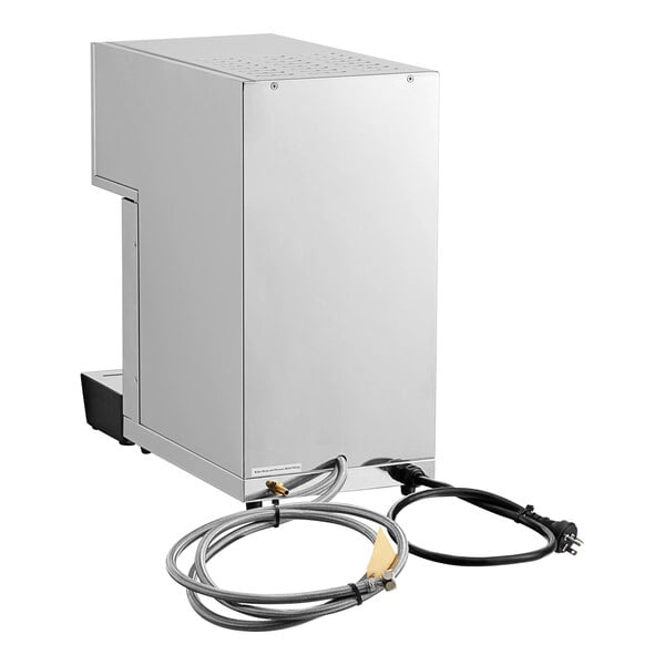 A stainless steel semi-automatic milk steamer and hot water dispenser with attached hoses and power cord.