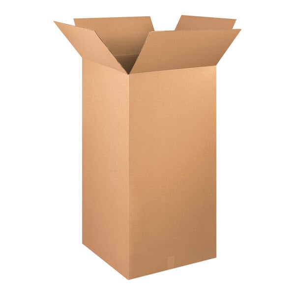 A brown Lavex cardboard shipping box with an open lid.