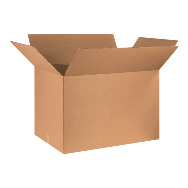 A brown Lavex cardboard shipping box with an open lid.