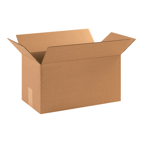 A brown cardboard box with the lid open.