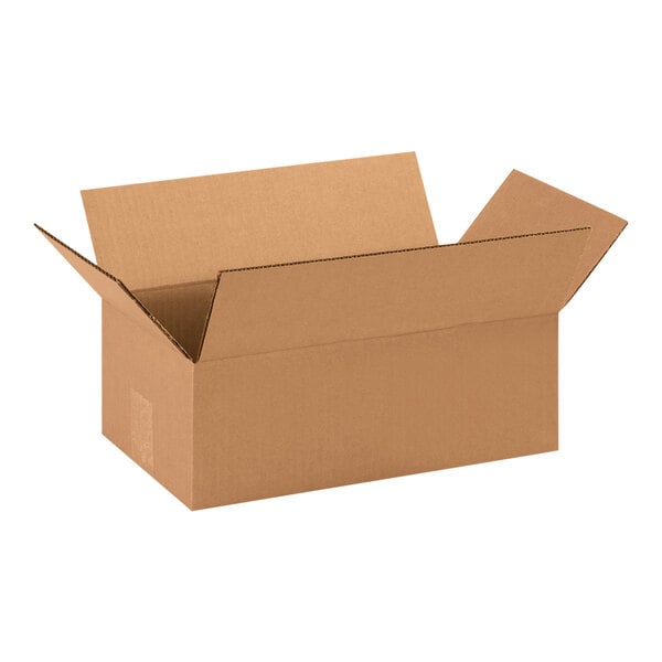 A brown cardboard Lavex shipping box with a lid open.