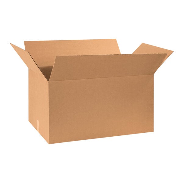 A brown cardboard Lavex shipping box with a lid open.