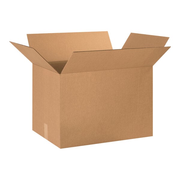 A brown Lavex cardboard shipping box with the lid open.