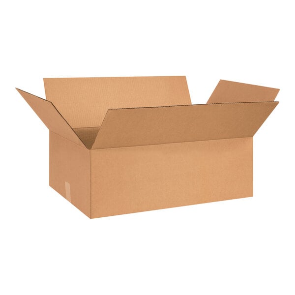 A brown Lavex cardboard shipping box with an open lid.