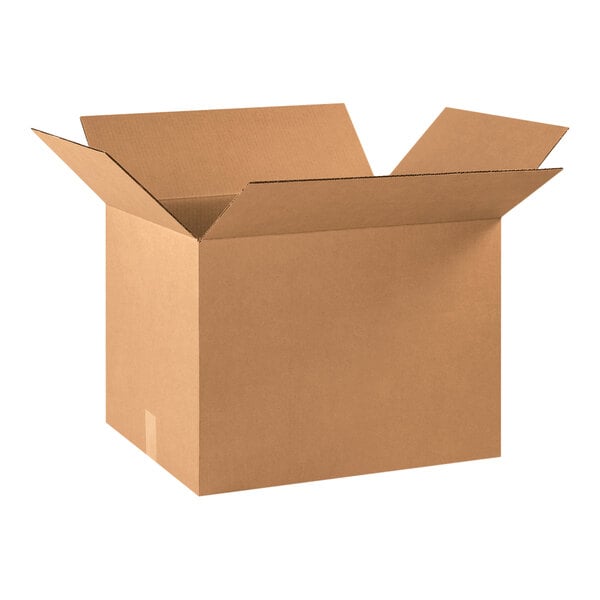 A brown Lavex cardboard shipping box with an open lid.