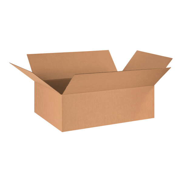 A brown Lavex cardboard shipping box with an open lid.