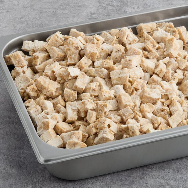 A container of Brakebush diced fajita chicken breast meat.