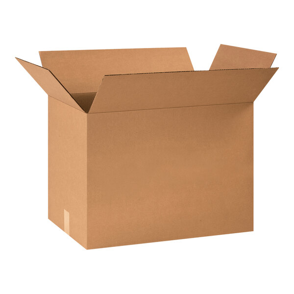 A brown Lavex cardboard shipping box with an open lid.
