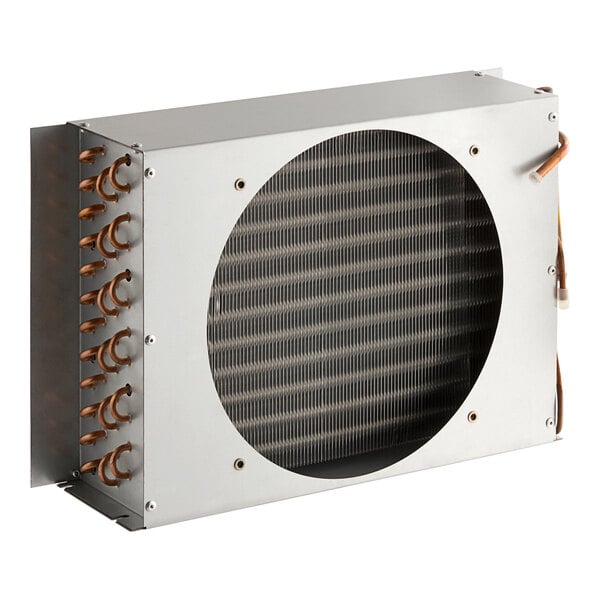 An Avantco condenser coil, a white metal rectangular object with copper pipes and a round hole.