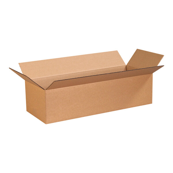 A brown Lavex cardboard shipping box with a lid open.