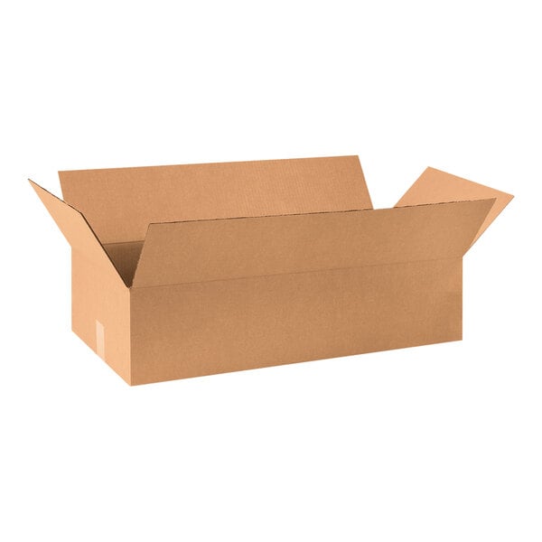 A close-up of a brown open Lavex cardboard shipping box.