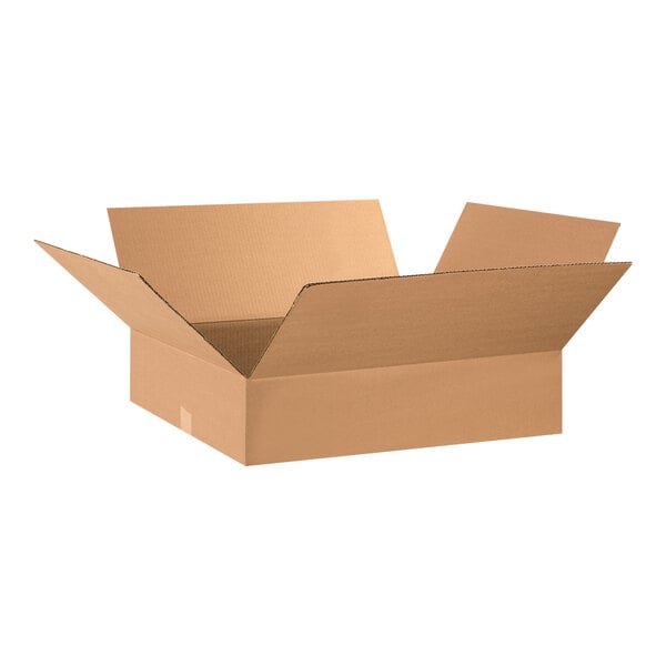 A close-up of a Lavex cardboard shipping box with an open lid.