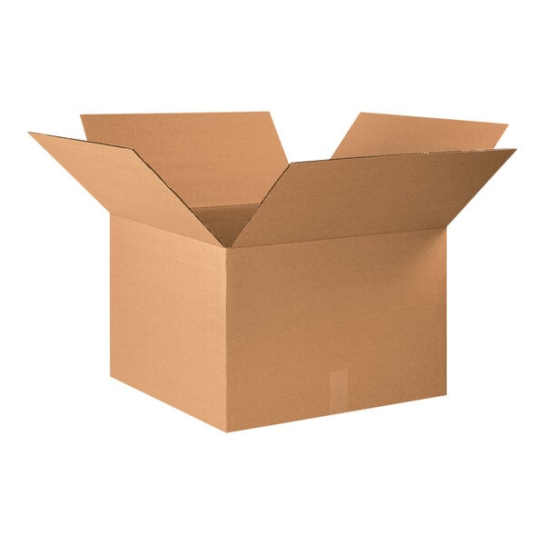 A Lavex kraft corrugated cardboard shipping box with an open lid.