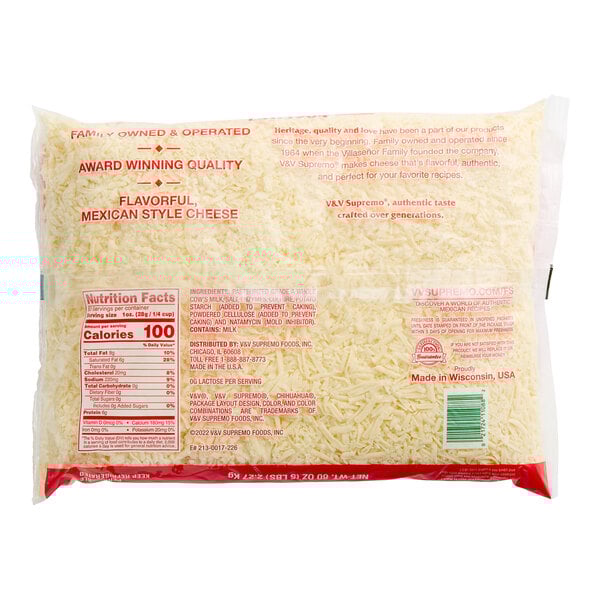 A V&V Supremo bag of shredded Queso Chihuahua cheese.