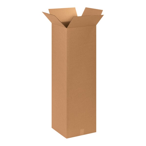 A brown rectangular Lavex cardboard shipping box with the top open.