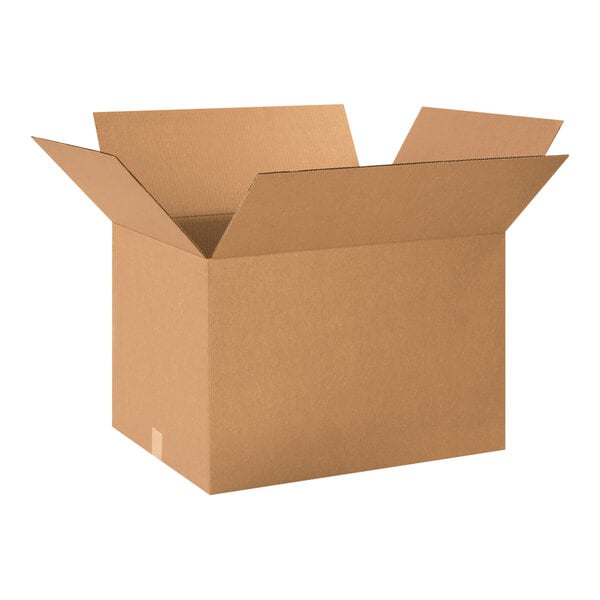 A brown Lavex cardboard shipping box with an open lid.