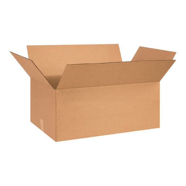 A brown Lavex cardboard shipping box with an open lid.