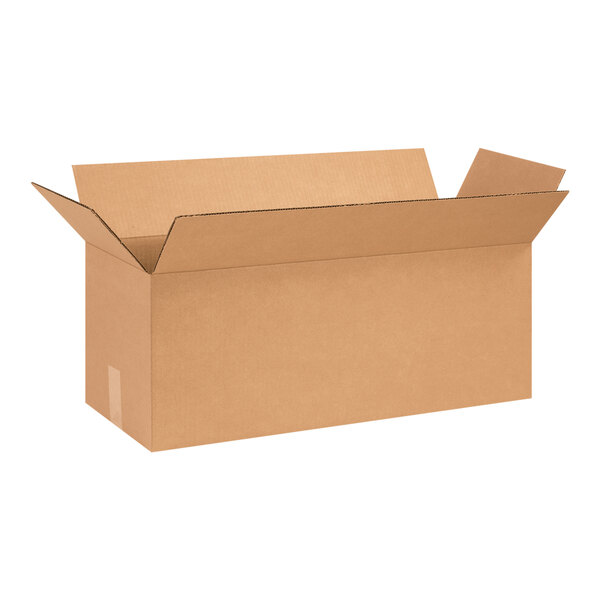 A brown Lavex cardboard shipping box with an open lid.