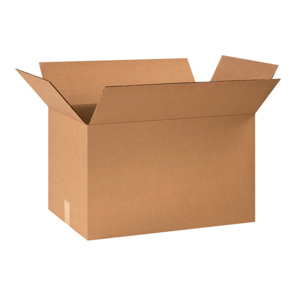 A brown Lavex cardboard shipping box with a lid open.