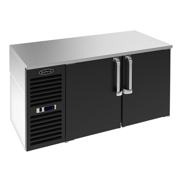 A black Krowne back bar refrigerator with two narrow doors.