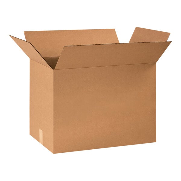 A Lavex kraft corrugated cardboard shipping box with an open lid.