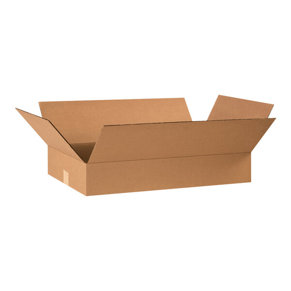 A brown Lavex cardboard shipping box with an open lid.