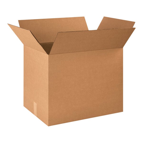 A close-up of a Lavex kraft cardboard shipping box with the lid open.