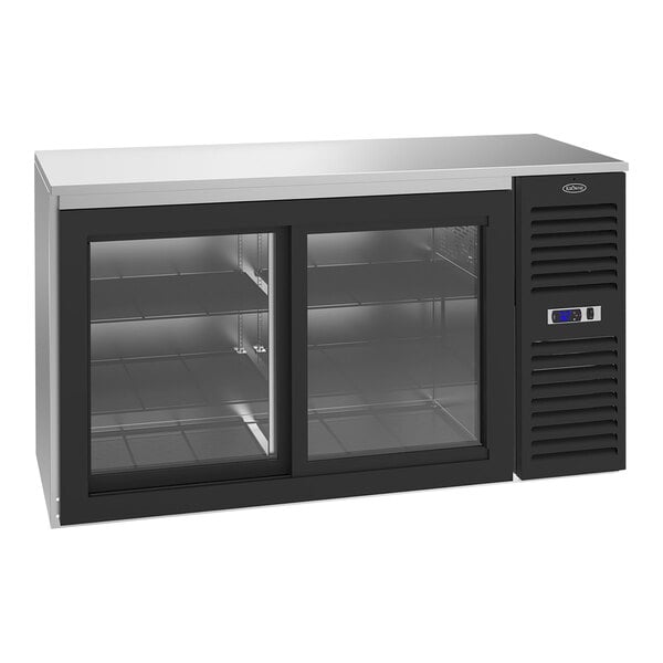 A black and silver Krowne back bar refrigerator with glass doors.