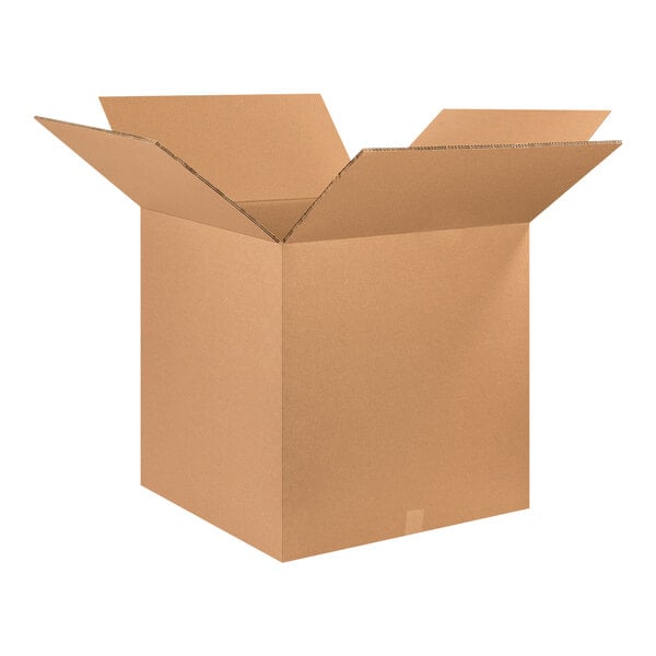 A Lavex cardboard shipping box with one open side.