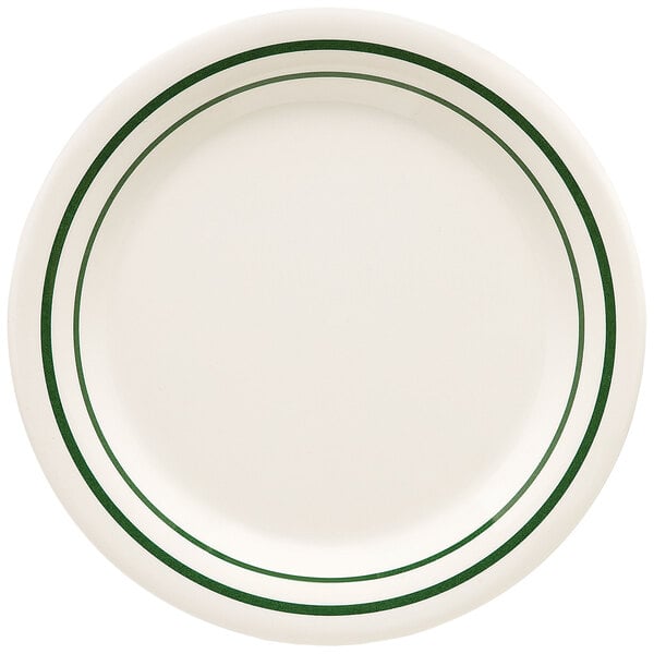 A white plate with green stripes.