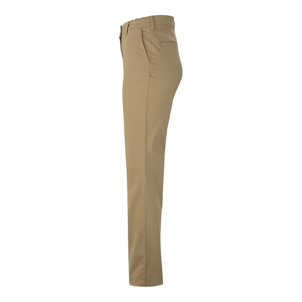 A close up of tan Edwards performance pants with a buttoned waist.
