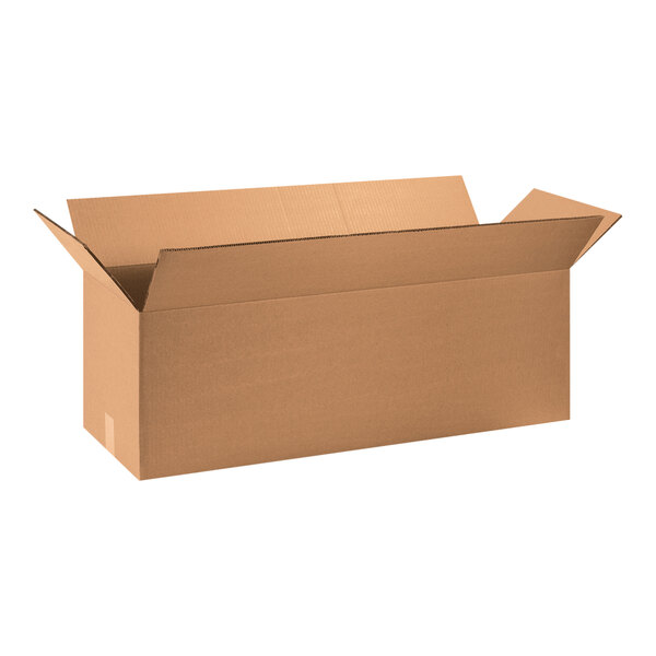 A brown Lavex cardboard shipping box with a lid open.