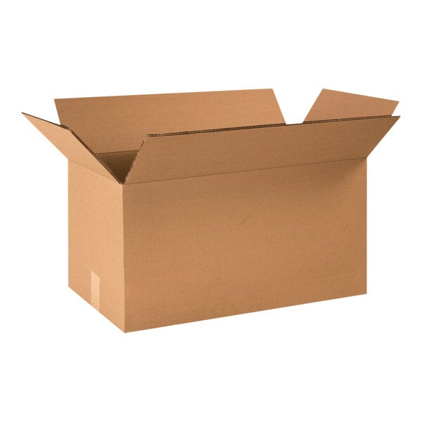 A brown Lavex cardboard shipping box with an open lid.