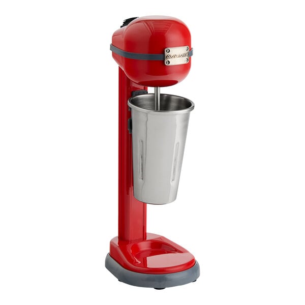 AvaMix red and silver drink mixer with a metal cup on top.