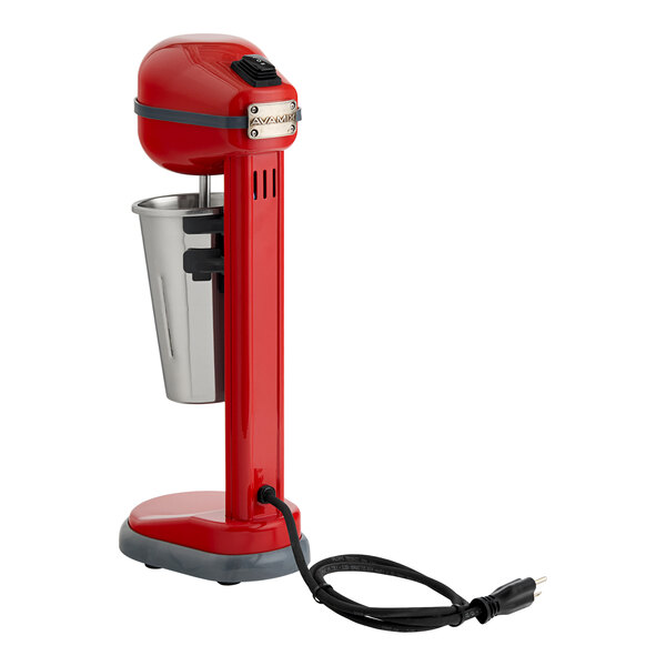 A red AvaMix single spindle drink mixer with a silver spindle.