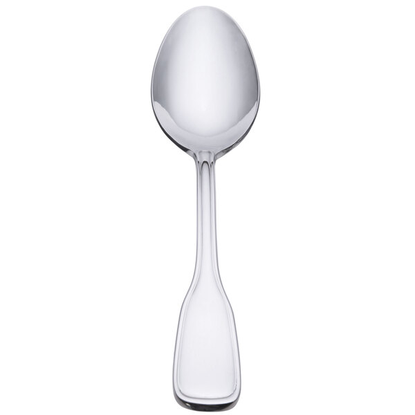 A close-up of a Oneida Stanford stainless steel serving spoon with a silver handle.