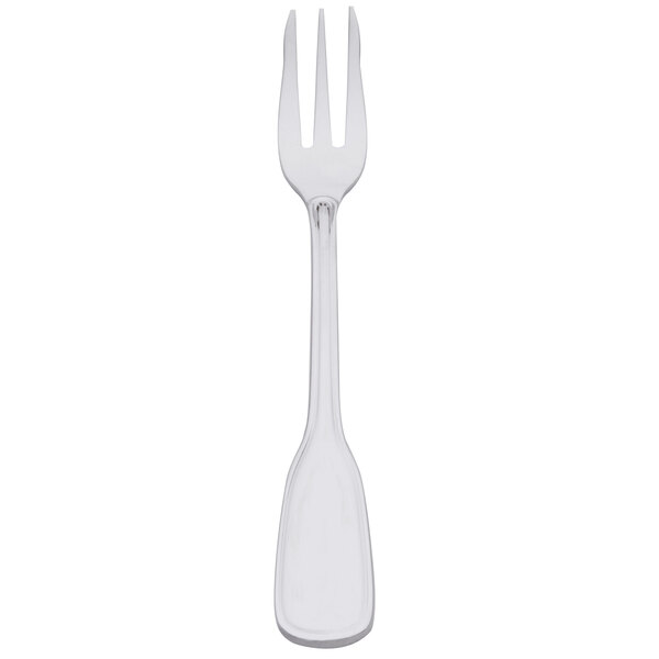A silver Oneida Stanford cocktail fork with a white background.