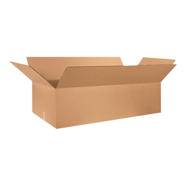 A close-up of a Lavex brown cardboard box with an open lid.