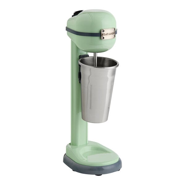 AvaMix Retro Seafoam Single Spindle Drink Mixer with a metal cup on a green pole.