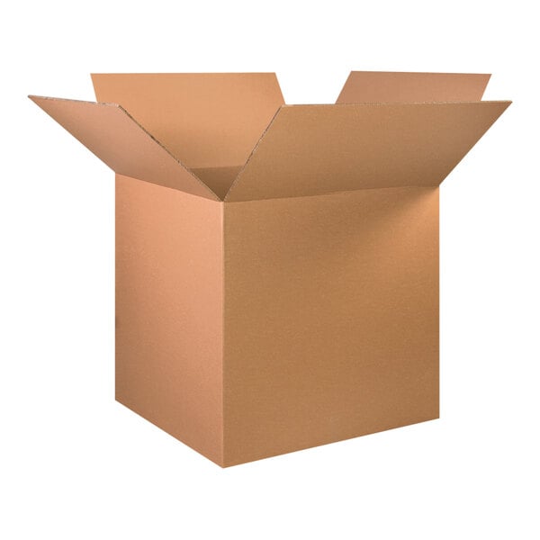 A close-up of a Lavex cardboard shipping box with an open lid.