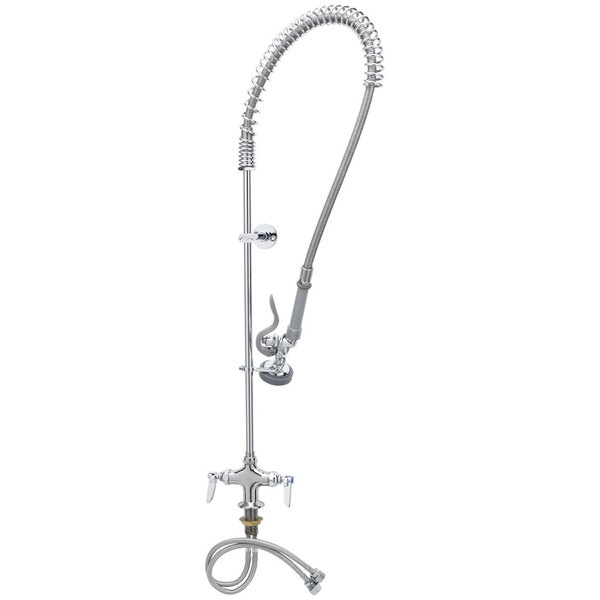 A silver T&S deck mounted pre-rinse faucet with a hose.