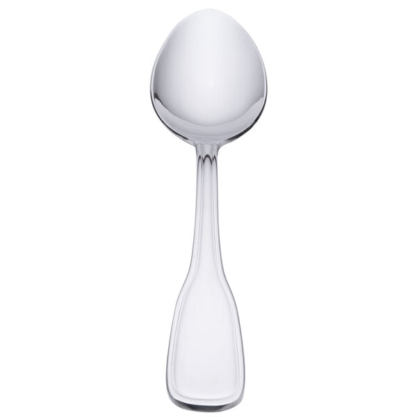 A Oneida stainless steel oval bowl soup/dessert spoon with a white handle.